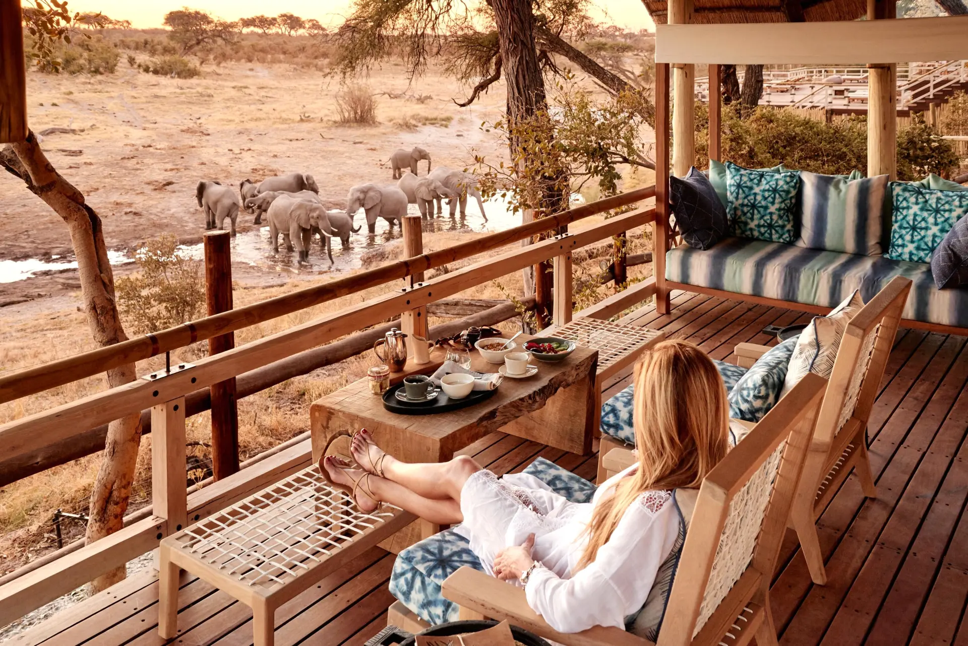 Nyd udsigten til dyrelivet fra lodge terrassen på Savute Elephant Lodge, A Belmond Safari i Botswana, Afrika