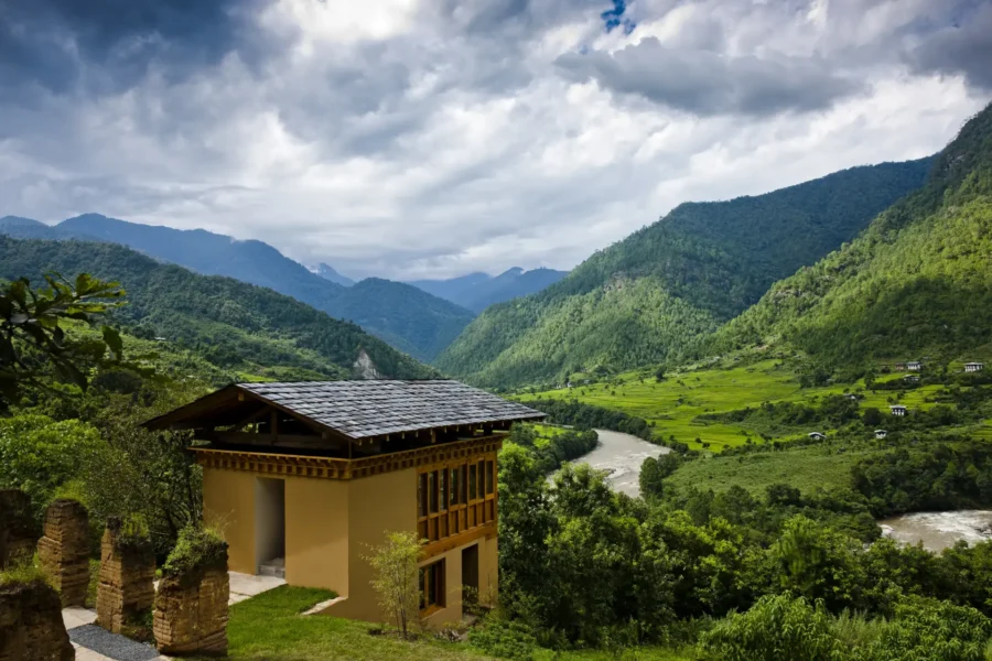 Udsigt over Punakha Valley fra COMO Uma Punakha, Bhutan
