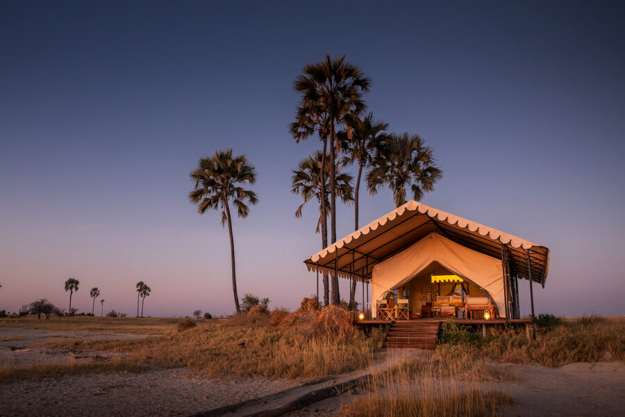 Telt i skumringen på San Camp, Botswana